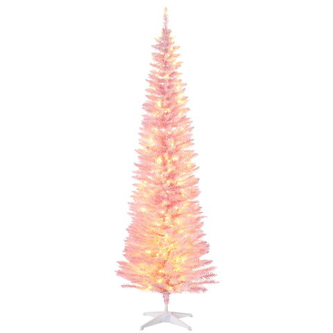 HOMCOM 7ft Slim Pink Noble Fir Artificial Christmas Tree | 200 Warm White LEDs, 499 Tips | Flame Retardant, Space-Saving Pencil Shape | Perfect for Indoor Holiday Decor