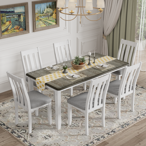 TREXM Retro 7-Piece Extendable Dining Table Set with 6 Upholstered Chairs, Antique Brown Oak Veneer & White Legs, Solid Rubberwood & Pine Construction for Dining Room & Gatherings