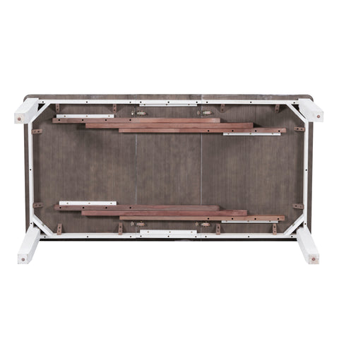 TREXM Retro 7-Piece Extendable Dining Table Set with 6 Upholstered Chairs, Antique Brown Oak Veneer & White Legs, Solid Rubberwood & Pine Construction for Dining Room & Gatherings