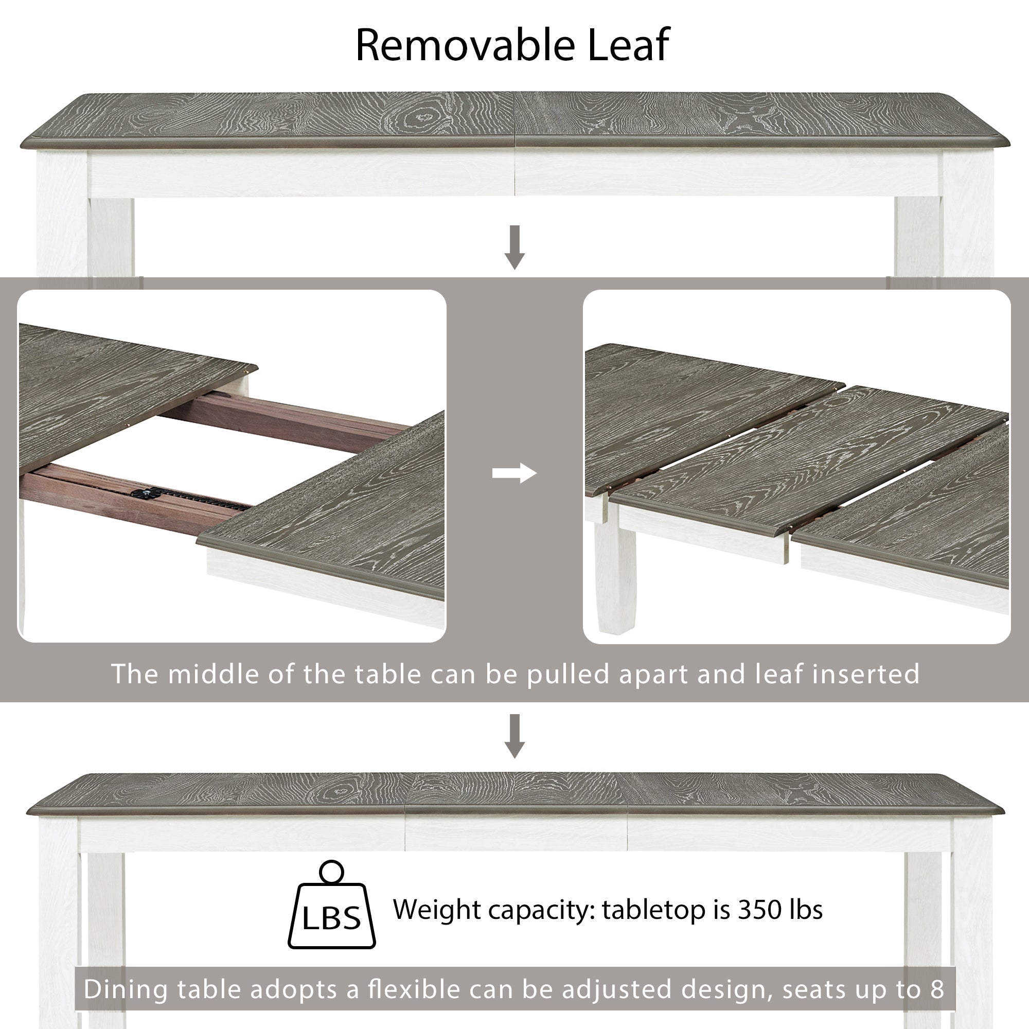 TREXM Retro 7-Piece Extendable Dining Table Set with 6 Upholstered Chairs, Antique Brown Oak Veneer & White Legs, Solid Rubberwood & Pine Construction for Dining Room & Gatherings