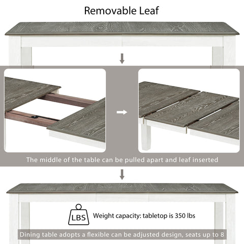 TREXM Retro 7-Piece Extendable Dining Table Set with 6 Upholstered Chairs, Antique Brown Oak Veneer & White Legs, Solid Rubberwood & Pine Construction for Dining Room & Gatherings