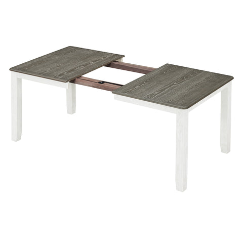 TREXM Retro 7-Piece Extendable Dining Table Set with 6 Upholstered Chairs, Antique Brown Oak Veneer & White Legs, Solid Rubberwood & Pine Construction for Dining Room & Gatherings