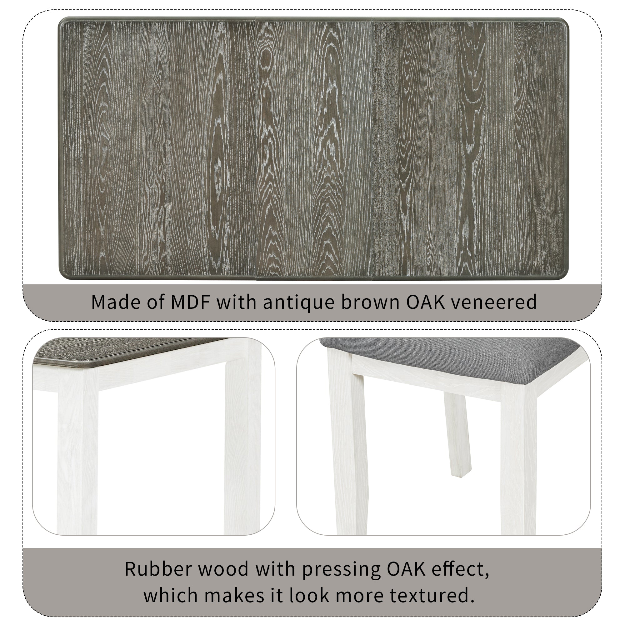 TREXM Retro 7-Piece Extendable Dining Table Set with 6 Upholstered Chairs, Antique Brown Oak Veneer & White Legs, Solid Rubberwood & Pine Construction for Dining Room & Gatherings