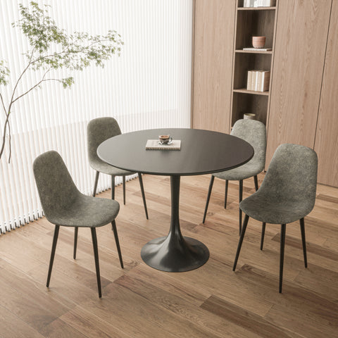 31.5" Round Dining Table Set for 4 | Modern MDF Black Table with Durable Metal Legs & 4 Suede Upholstered Chairs | Ideal for Dining Room, Restaurant, Cafe | Easy Clean, Comfortable Seating