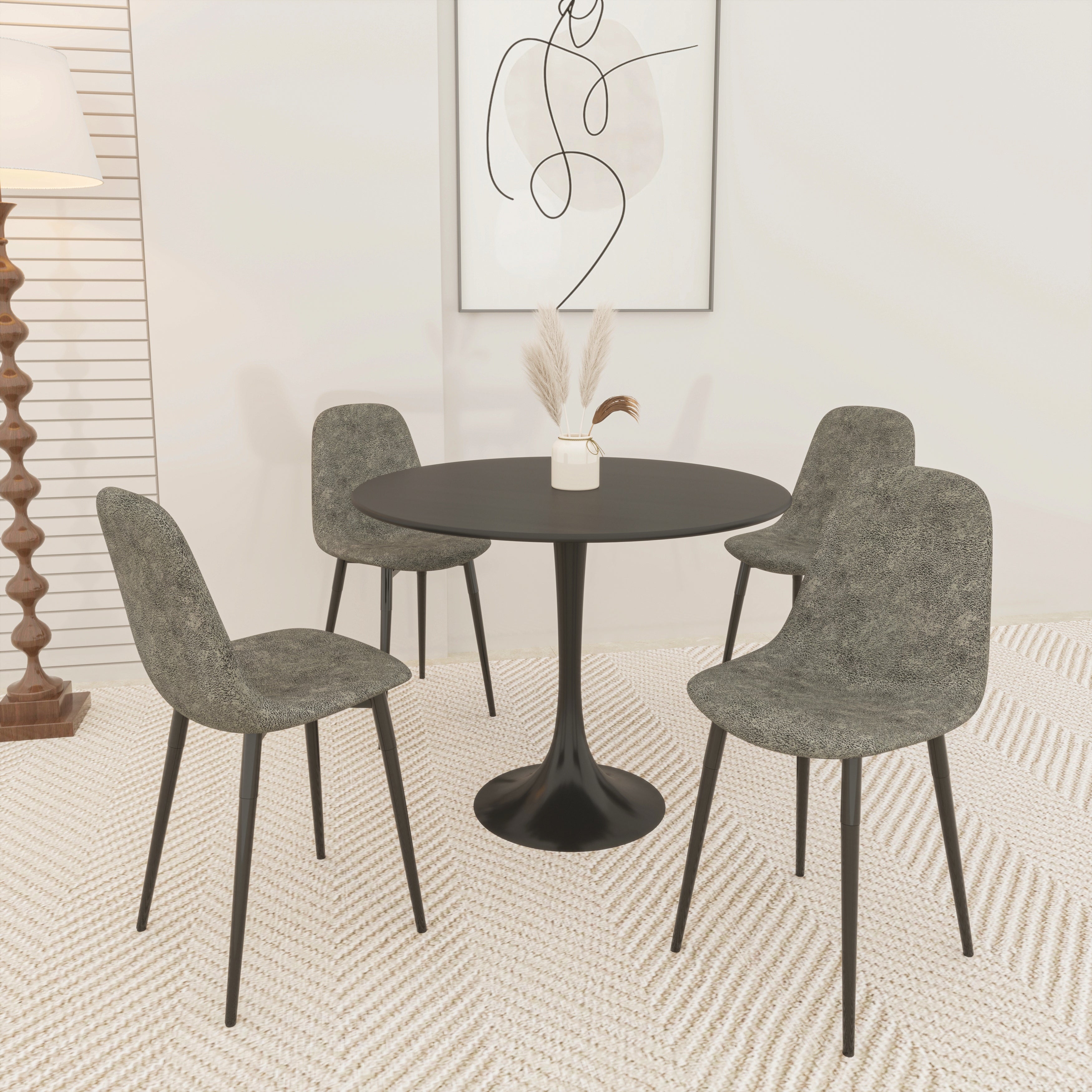 31.5" Round Dining Table Set for 4 | Modern MDF Black Table with Durable Metal Legs & 4 Suede Upholstered Chairs | Ideal for Dining Room, Restaurant, Cafe | Easy Clean, Comfortable Seating