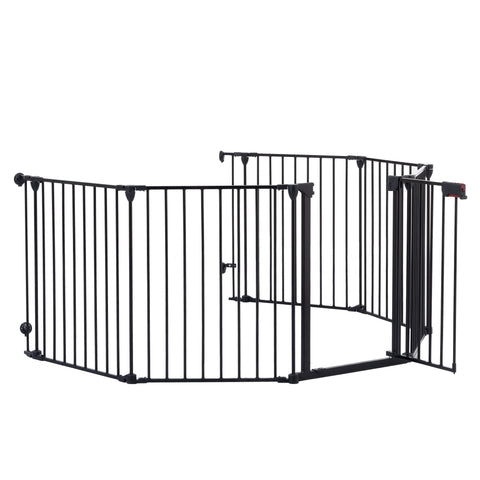 150" 6-Panel Adjustable Steel Safety Gate | Wide Walk-Through Door | Fireplace, Christmas Tree, Stair Barrier | Black | Indoor/Outdoor Home Use