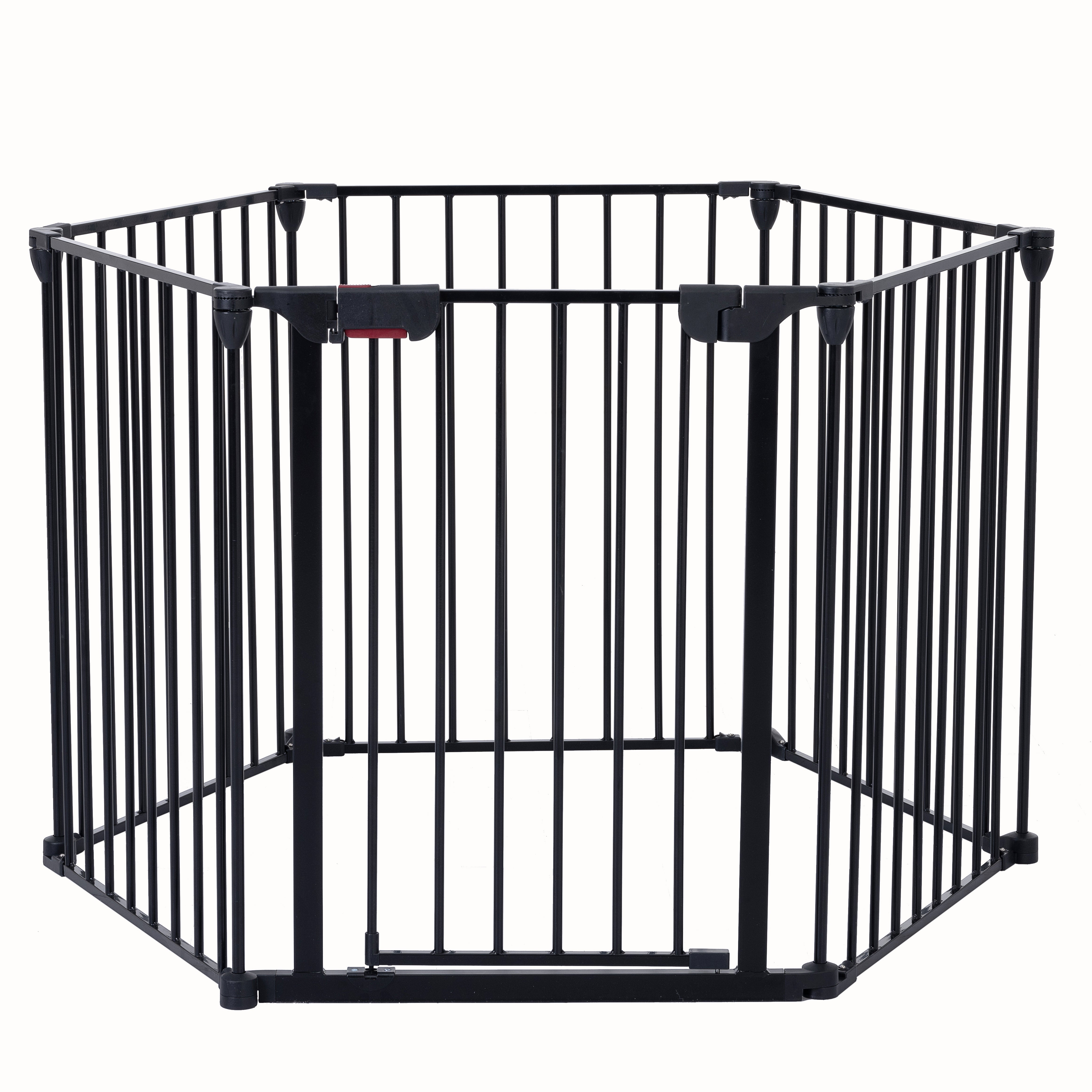 150" 6-Panel Adjustable Steel Safety Gate | Wide Walk-Through Door | Fireplace, Christmas Tree, Stair Barrier | Black | Indoor/Outdoor Home Use