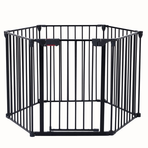 150" 6-Panel Adjustable Steel Safety Gate | Wide Walk-Through Door | Fireplace, Christmas Tree, Stair Barrier | Black | Indoor/Outdoor Home Use