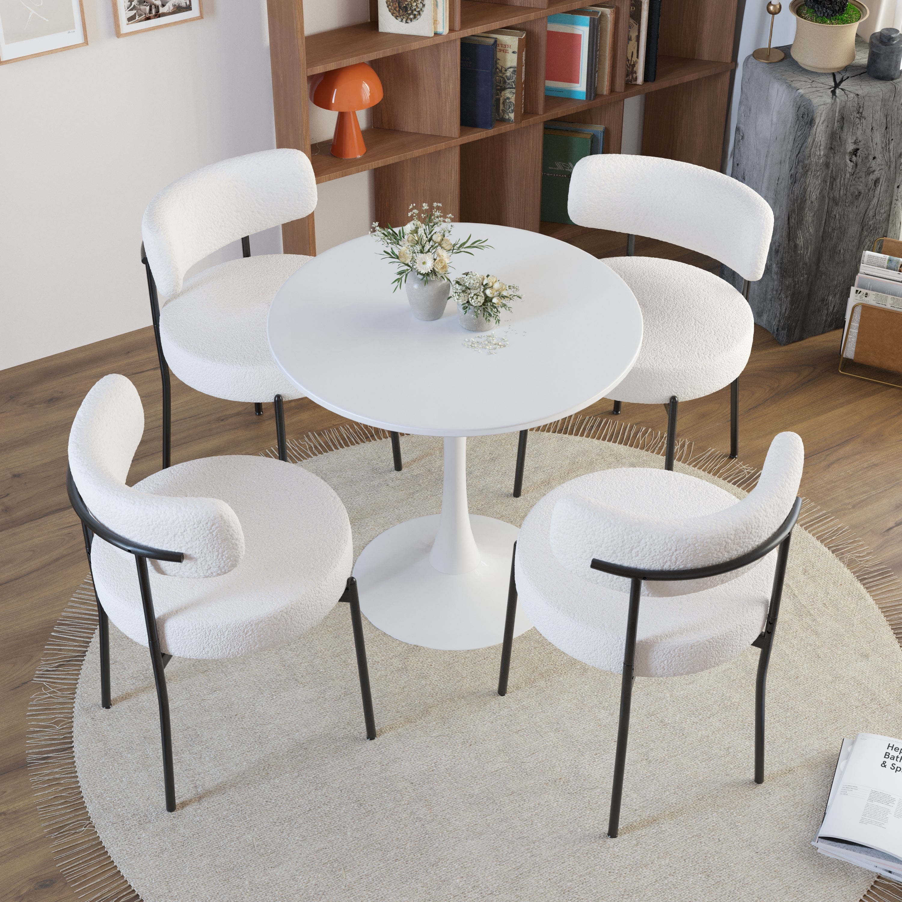 31.5" Round Dining Table Set for 4 with 4 Upholstered Faux Fur Chairs, MDF Table-top & White Metal Legs, Modern Kitchen & Reception Room Furniture, Easy Assembly