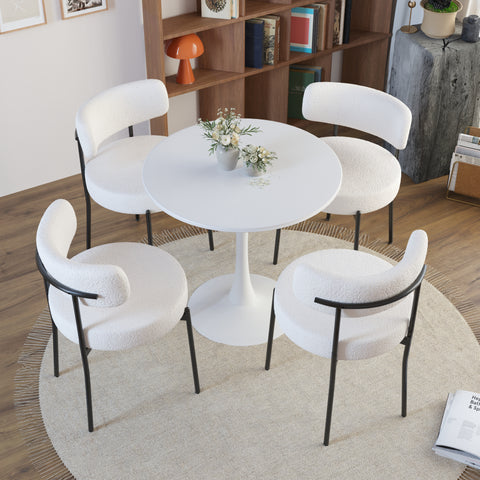 31.5" Round Dining Table Set for 4 with 4 Upholstered Faux Fur Chairs, MDF Table-top & White Metal Legs, Modern Kitchen & Reception Room Furniture, Easy Assembly