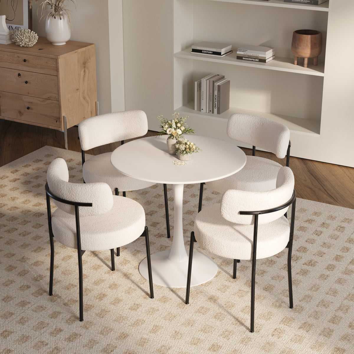 31.5" Round Dining Table Set for 4 with 4 Upholstered Faux Fur Chairs, MDF Table-top & White Metal Legs, Modern Kitchen & Reception Room Furniture, Easy Assembly