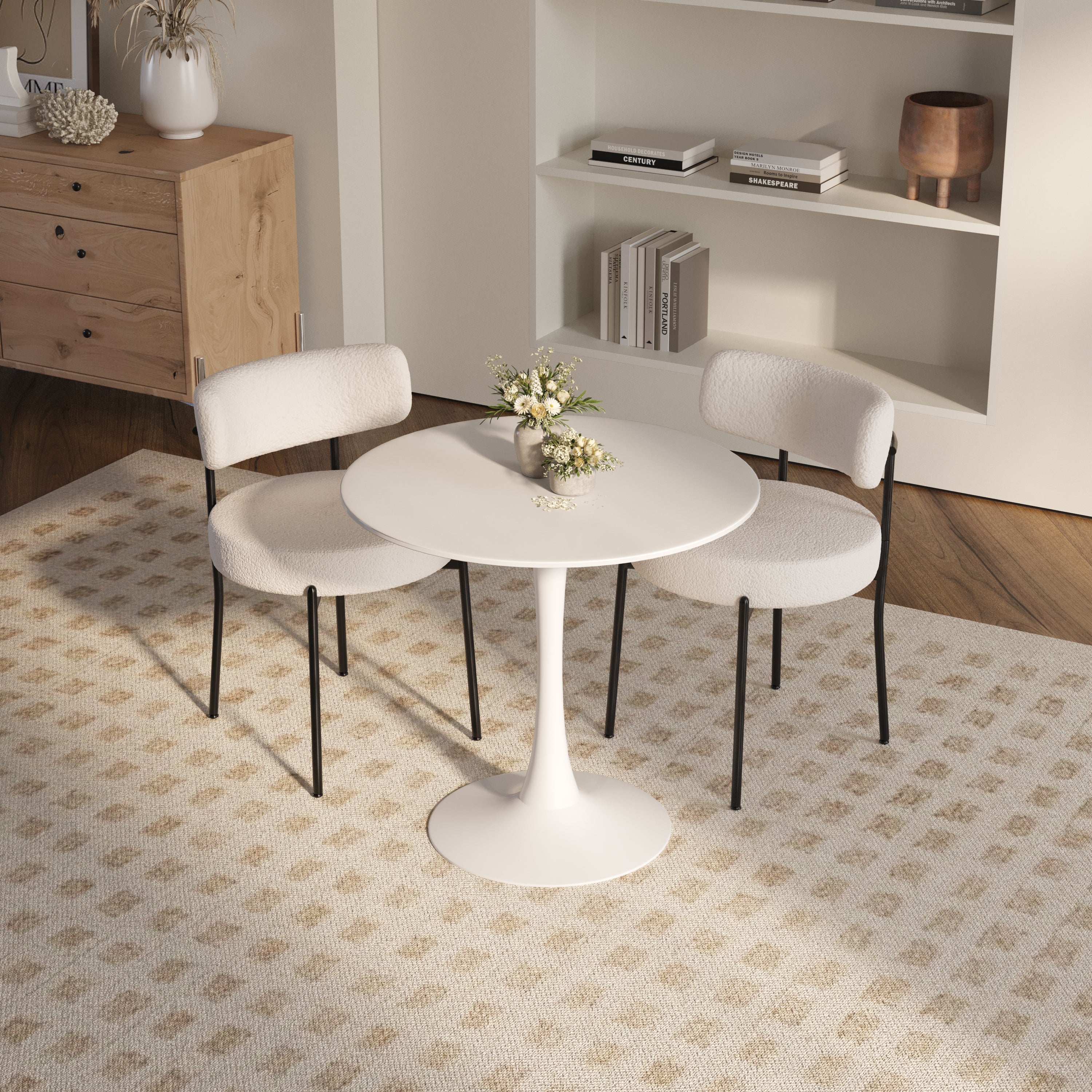 31.5" Round Dining Table Set for 2-4 | Off-White MDF Top, White Metal Legs | 2 Upholstered Faux Fur Chairs | Modern Kitchen, Reception Room Furniture | Easy Assembly