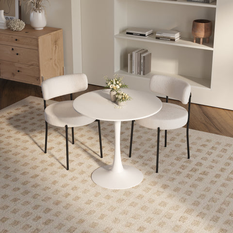 31.5" Round Dining Table Set for 2-4 | Off-White MDF Top, White Metal Legs | 2 Upholstered Faux Fur Chairs | Modern Kitchen, Reception Room Furniture | Easy Assembly