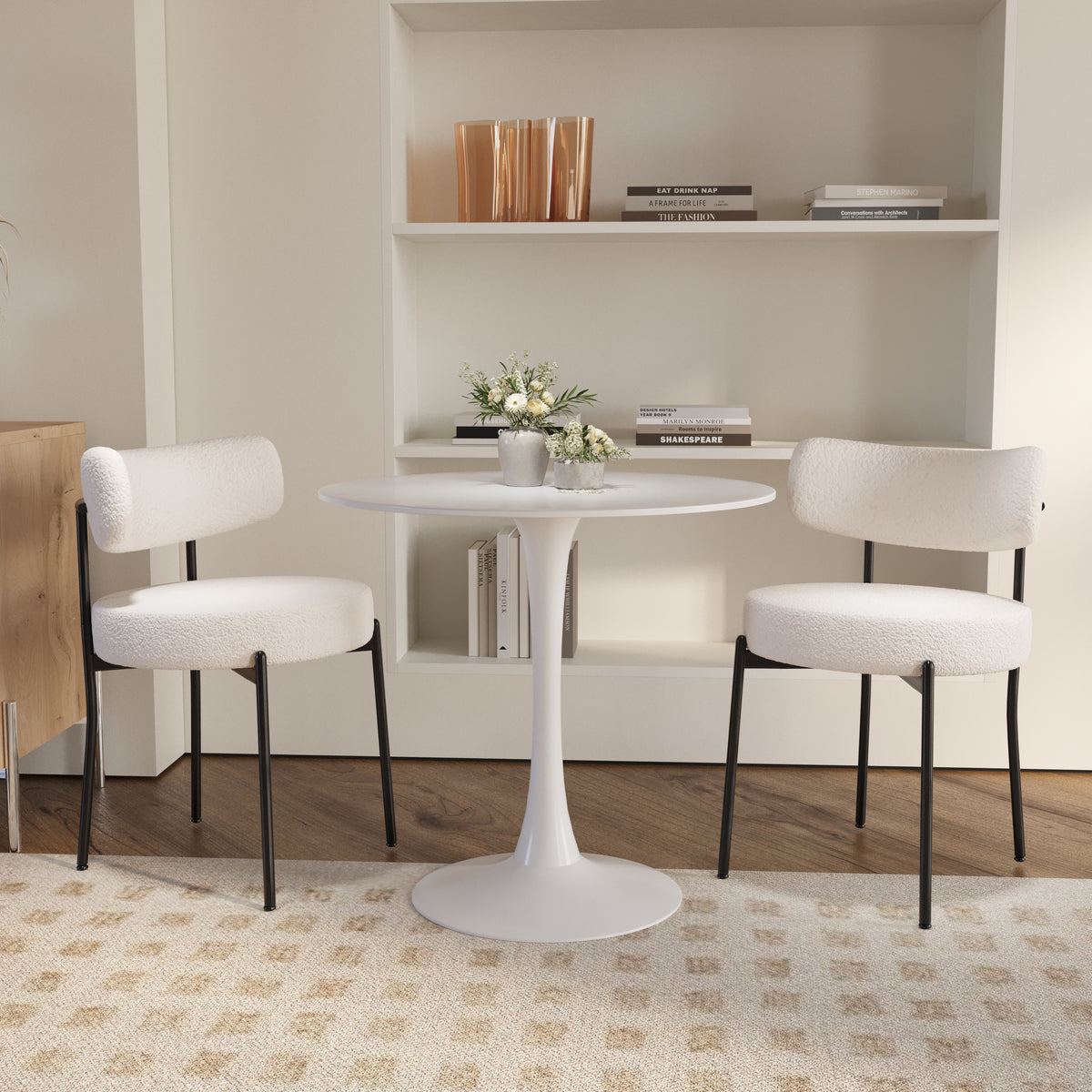 31.5" Round Dining Table Set for 2-4 | Off-White MDF Top, White Metal Legs | 2 Upholstered Faux Fur Chairs | Modern Kitchen, Reception Room Furniture | Easy Assembly