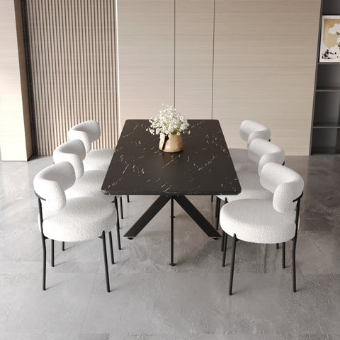 62.4"-78.15" Extendable Dining Table Set for 6-8, Modern MDF Kitchen Table with Black X-Legs & 6 Upholstered Armless Chairs, White & Black for Dining Room