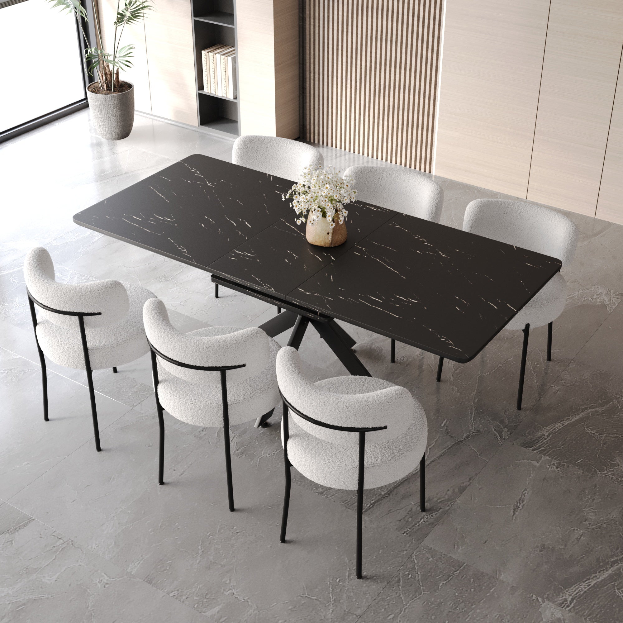 62.4"-78.15" Extendable Dining Table Set for 6-8, Modern MDF Kitchen Table with Black X-Legs & 6 Upholstered Armless Chairs, White & Black for Dining Room