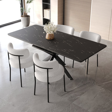 62.4"-78.15" Extendable Dining Table Set for 4-8 | MDF & Black Metal X-Legs | Upholstered Armless Chairs | Modern Kitchen & Dining Room Furniture | Easy Clean, Durable, Stylish