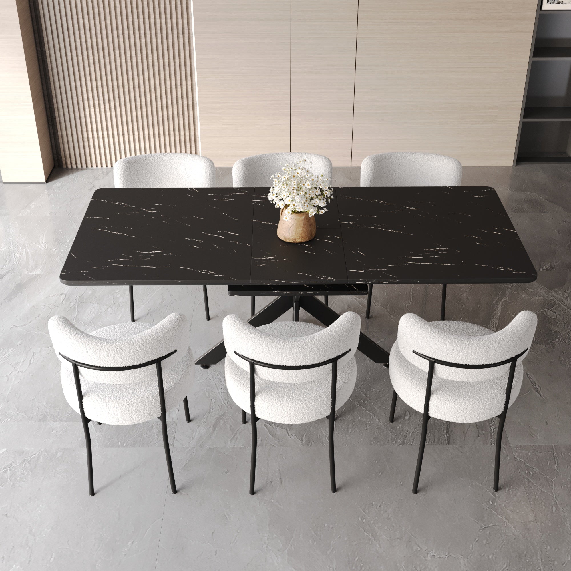 62.4"-78.15" Extendable Dining Table Set for 6-8, Modern MDF Kitchen Table with Black X-Legs & 6 Upholstered Armless Chairs, White & Black for Dining Room