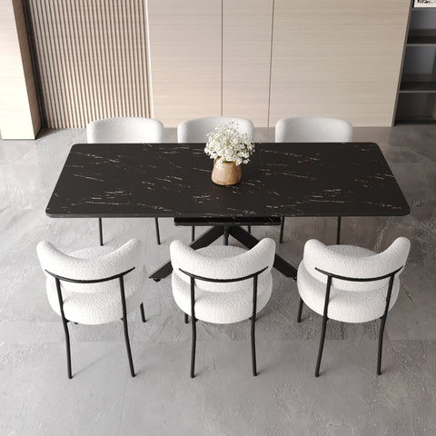 62.4"-78.15" Extendable Dining Table Set for 6-8, Modern MDF Kitchen Table with Black X-Legs & 6 Upholstered Armless Chairs, White & Black for Dining Room