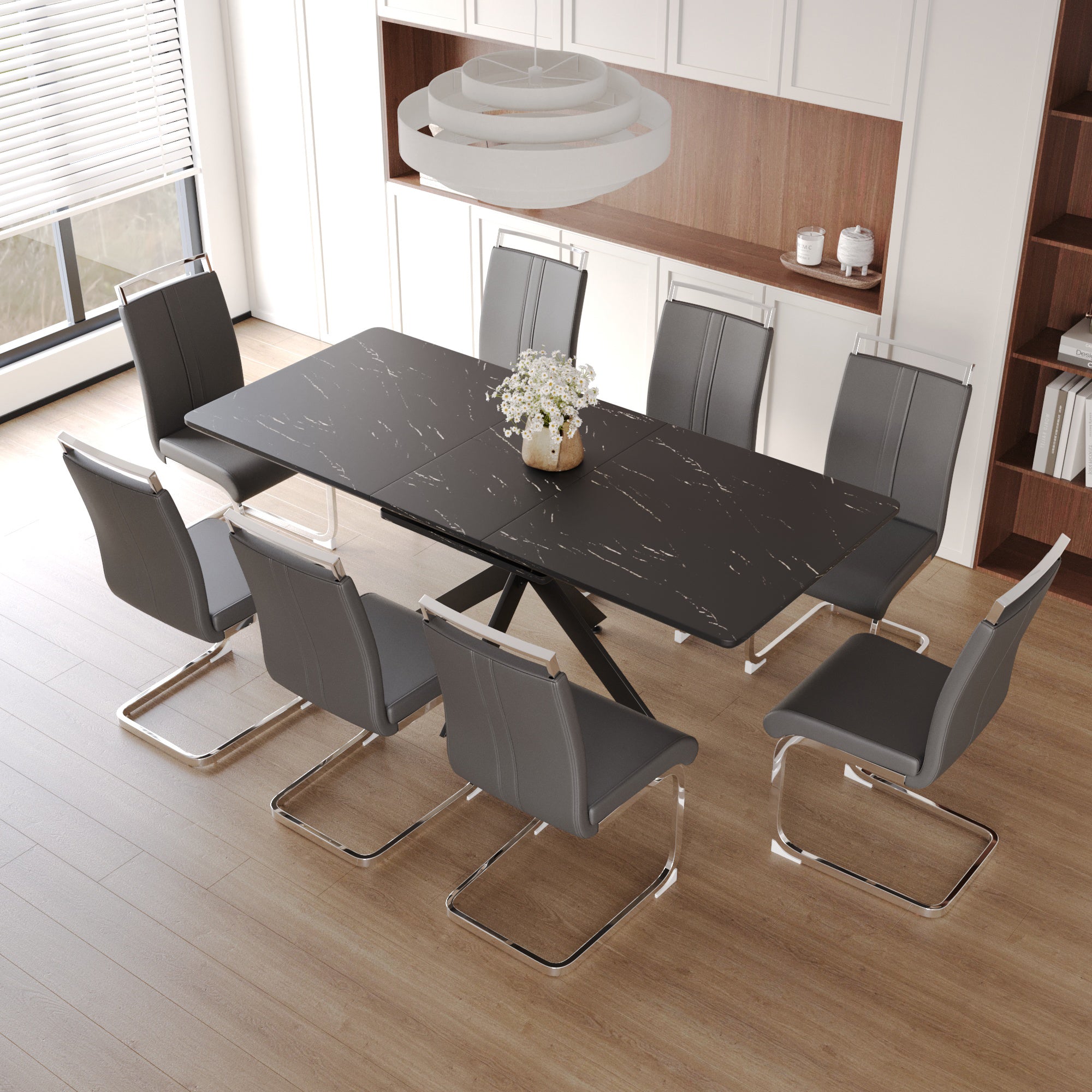 Expandable 62.4"-78.15" Dining Table Set for 6-8, Modern MDF Kitchen Table with Black Metal Legs & Padded Armless Chairs, Gray/Black, Dining Room & Kitchen Use