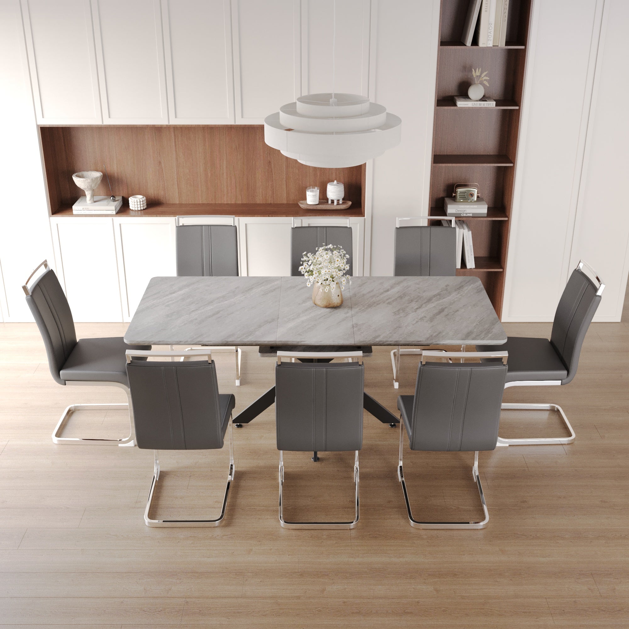 Expandable Dining Table Set for 6-8, 62.4"-78.15" MDF Kitchen Table with Padded Armless Chairs, Grey Metal Legs, Modern Dining Room Furniture for Home & Gatherings