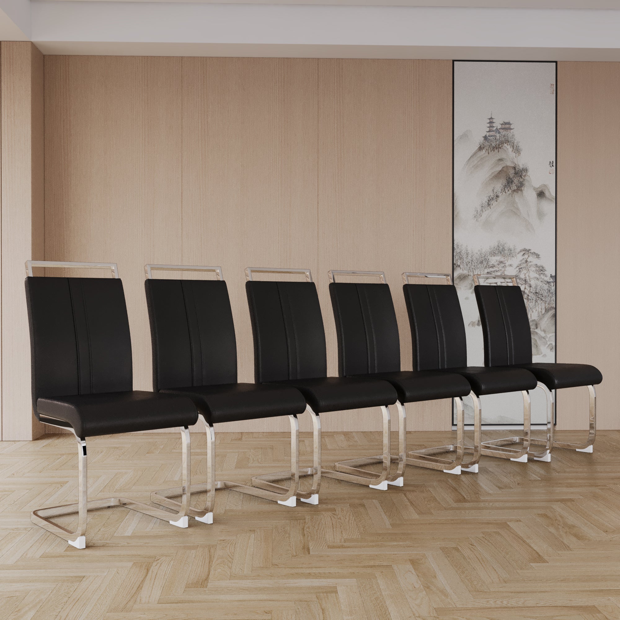 63" Cream MDF Dining Table Set for 6: Modern PU Armless Chairs, Silver Metal Legs, Stain-Resistant Top, Ideal for Home Kitchen & Dining Room Gatherings