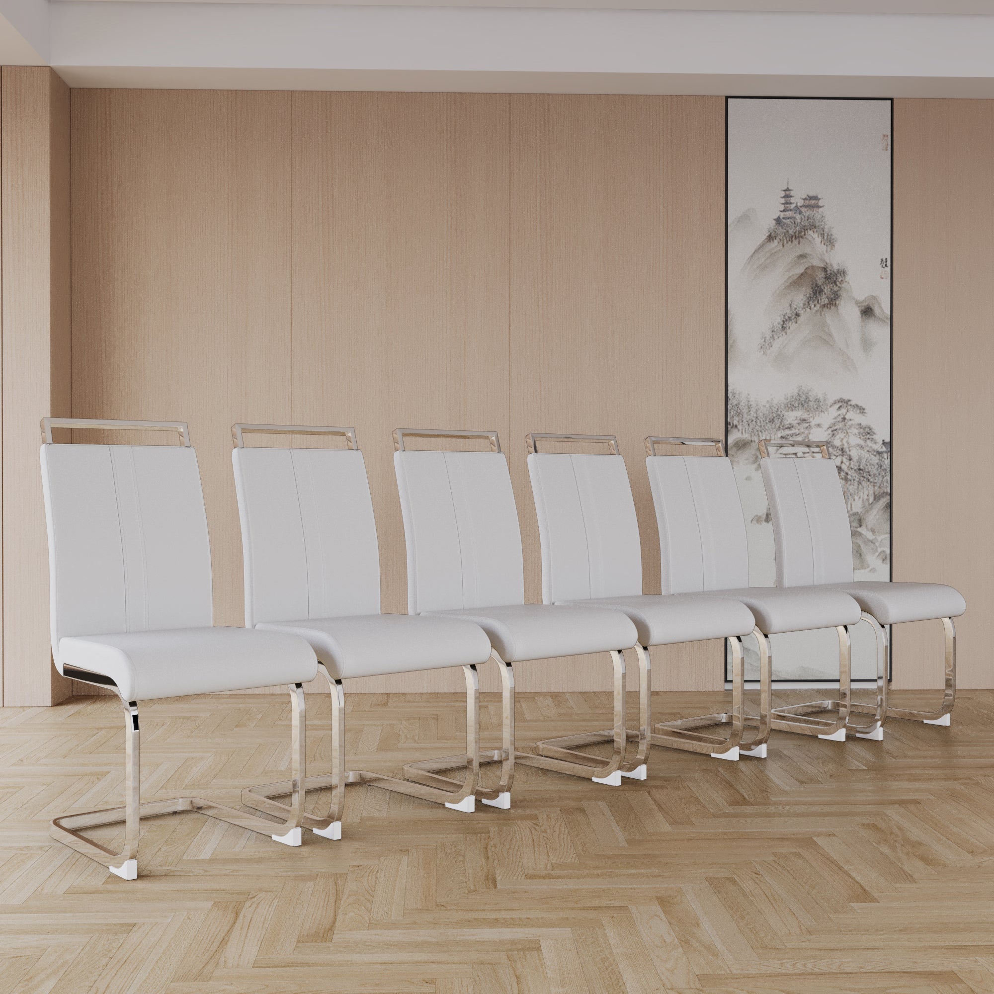 63" Cream MDF Dining Table Set for 6: Modern PU Armless Chairs with Silver Metal Legs, Mid-Century Style, Stain-Resistant Top, Ideal for Home Kitchen & Dining Room Gatherings