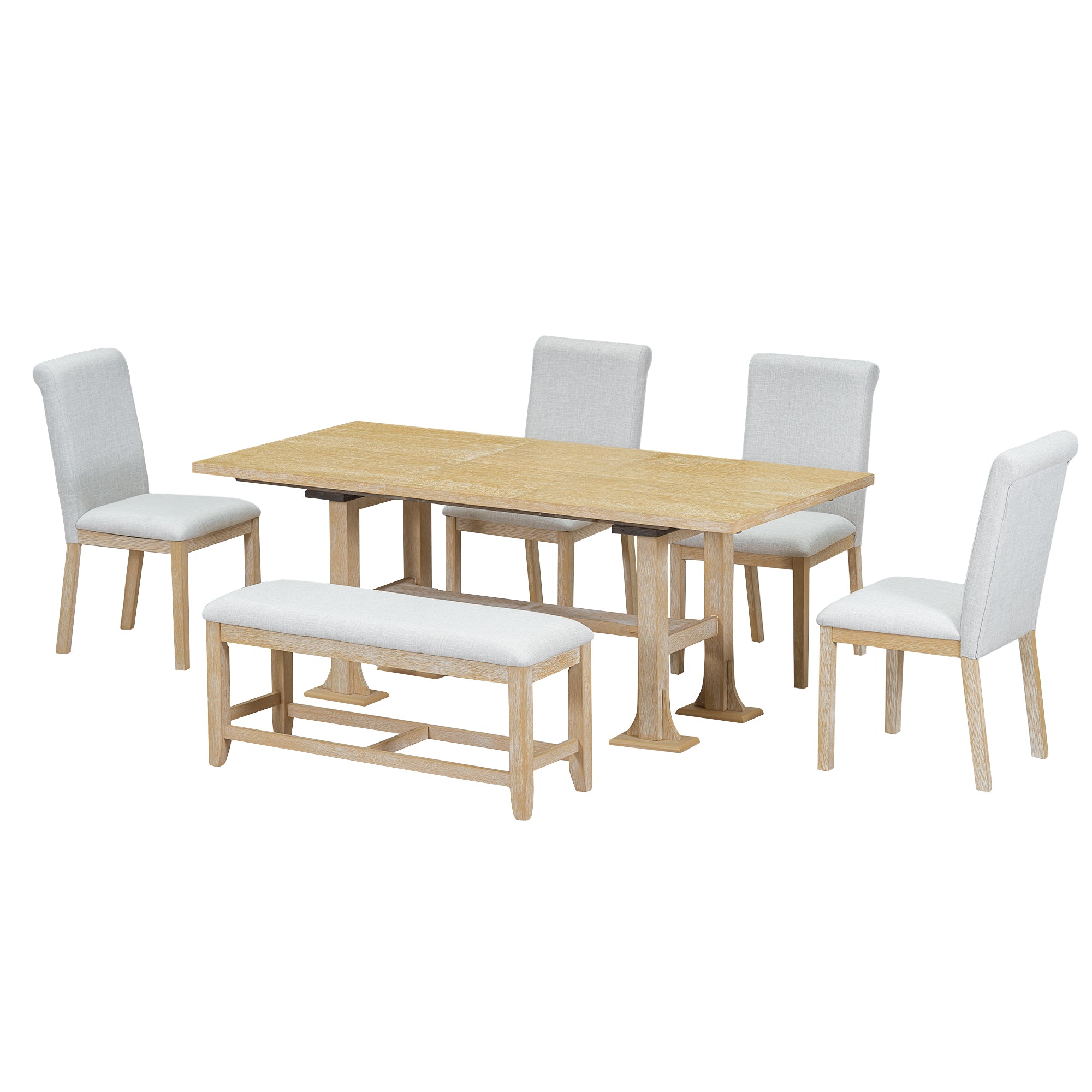 TOPMAX Farmhouse 76" Extendable Dining Table Set: 6-Piece Solid Rubberwood Set with 18" Removable Leaf, Upholstered Chairs & Bench for Dining Room, Natural Finish