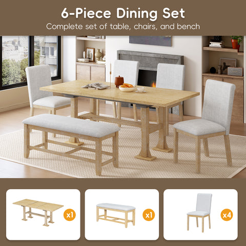 TOPMAX Farmhouse 76" Extendable Dining Table Set: 6-Piece Solid Rubberwood Set with 18" Removable Leaf, Upholstered Chairs & Bench for Dining Room, Natural Finish