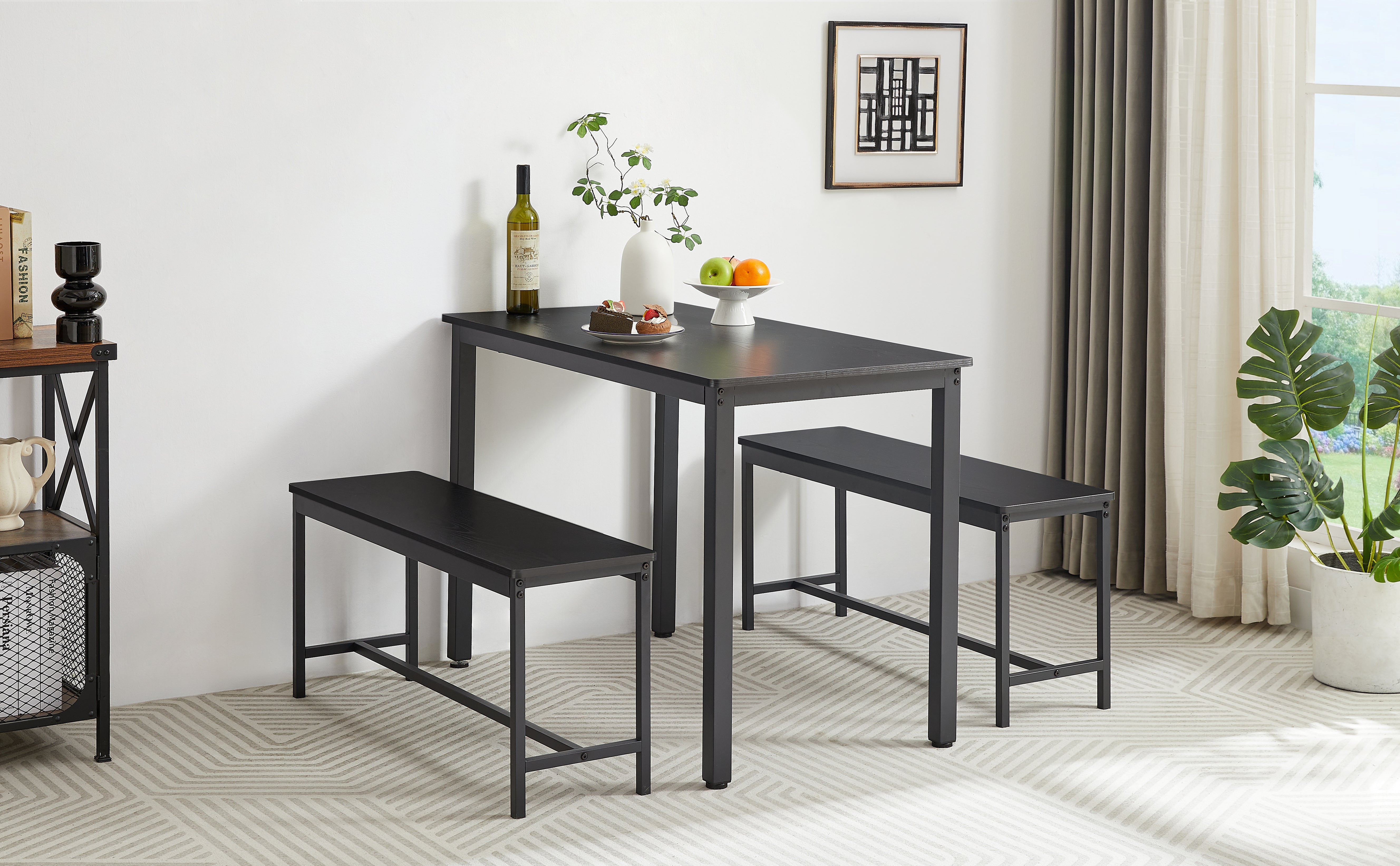 Industrial Black Dining Table Set with 2 Benches for 4 | 43.3" L x 23.6" W Particleboard & Steel Kitchen Breakfast Counter | Space-Saving, Durable, Easy Assembly for Living Room, Party Room