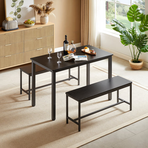 Industrial Black Dining Table Set with 2 Benches for 4 | 43.3" L x 23.6" W Particleboard & Steel Kitchen Breakfast Counter | Space-Saving, Durable, Easy Assembly for Living Room, Party Room