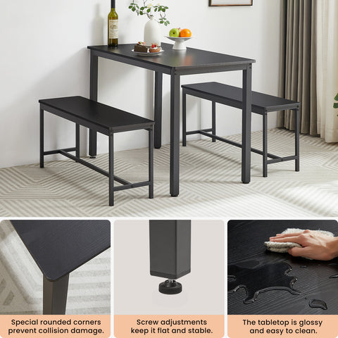 Industrial Black Dining Table Set with 2 Benches for 4 | 43.3" L x 23.6" W Particleboard & Steel Kitchen Breakfast Counter | Space-Saving, Durable, Easy Assembly for Living Room, Party Room