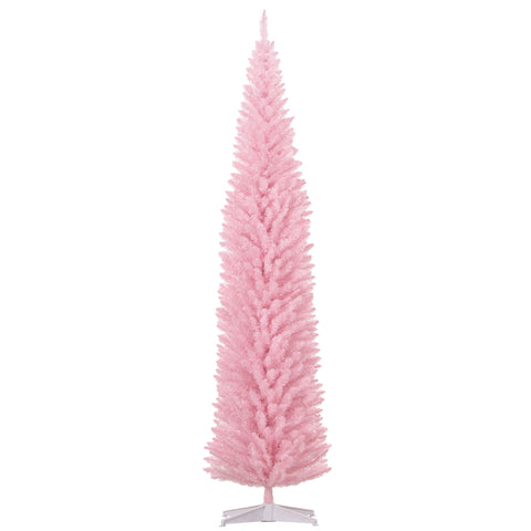 HOMCOM 8ft Pink Artificial Pencil Christmas Tree | Slim Xmas Tree with 618 Realistic Branch Tips & Plastic Stand | Flame Retardant for Home Decor