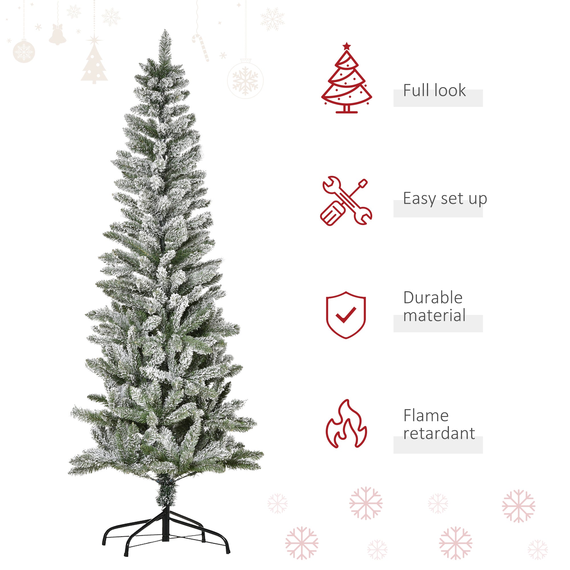 HOMCOM 6ft Snow-Flocked Slim Pine Artificial Christmas Tree | Realistic Green Branches, 394 Tips | Auto-Open, Sturdy Steel Base | Indoor Holiday Decor, Living Room, Party