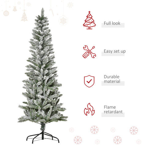 HOMCOM 6ft Snow-Flocked Slim Pine Artificial Christmas Tree | Realistic Green Branches, 394 Tips | Auto-Open, Sturdy Steel Base | Indoor Holiday Decor, Living Room, Party