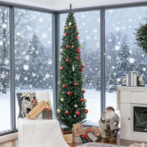 8ft Slim Pencil Artificial Christmas Tree, Green, Realistic Unlit Xmas Tree with 618 Tips &amp; Sturdy Base, Easy Assembly &amp; Storage for Home Decor, Living Room, Fireplace