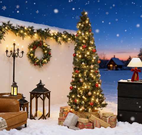 7ft Prelit Bent Top Christmas Tree: Slim High Mountain Fir with 300 Warm White LEDs & 8 Modes, Whimsical Santa Hat Design, Metal Stand, Flame-Retardant Plastic, Green, 84" Tall for Cozy Home Decor