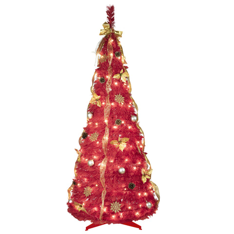 6FT Red Pop-Up Christmas Tree: Fully Decorated with 150 Warm White LEDs, Ornaments, Ribbons, Bow, Flowers, Snowflakes, Pine Cones &amp; Balls – Easy Assembly, Space-Saving Holiday Decor for Home &amp; Office