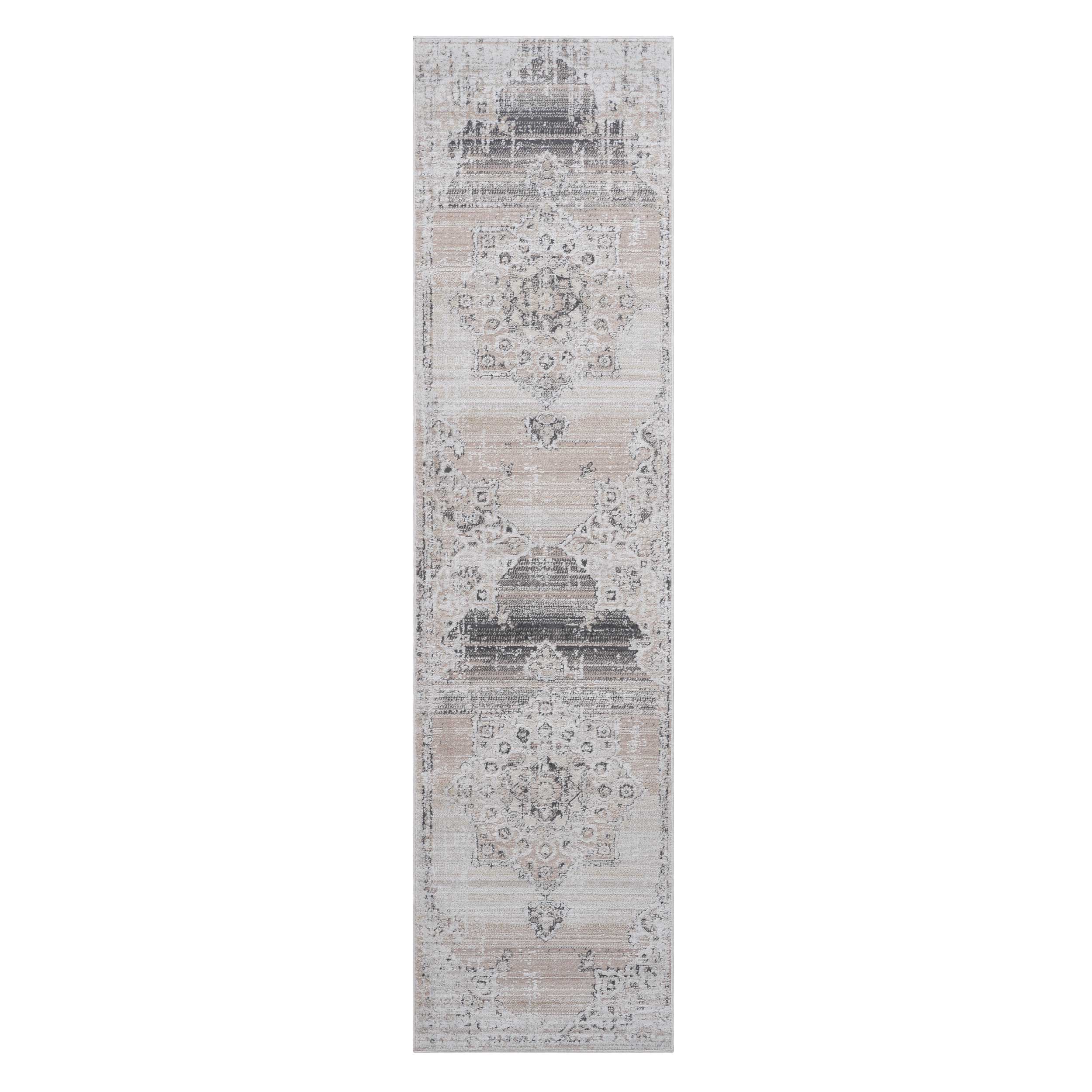 PAYAS Collection 2'x8' Cream Medallion Runner Rug - Stain-Resistant Polyester, Low Pile, Durable Cotton Backing for Hallway, Entryway, Kitchen, Living Room, Turkey