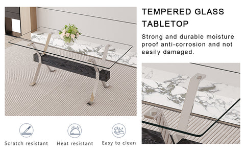 Elegant Transparent Tempered Glass Dining Set with 6 White PU Chairs - 71"x35.4" Modern Kitchen &amp; Dining Room Furniture for 4-8 People, Silver Legs, Minimalist Design