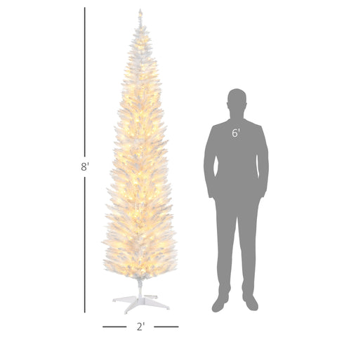 HOMCOM 8ft Slim Noble Fir Artificial Christmas Tree | 300 Warm White LEDs, 618 Tips | Realistic, Flame-Retardant Plastic, White | Indoor Home Decor, Fireplace Ambiance