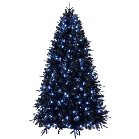 8ft Black Artificial Christmas Tree | 600 White LED Lights | 2486 PE+PVC Tips | Hinged for Easy Setup | Stable Metal Stand | Holiday &amp; Halloween Decor