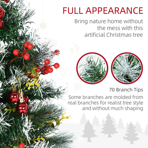 HOMCOM 2 Pack 2.5 Ft Pre-Lit Artificial Christmas Trees for Outdoor Entryway, Cordless Warm White LED, Berries, Pine Cones, Balls, Green Plastic, 70 Branches