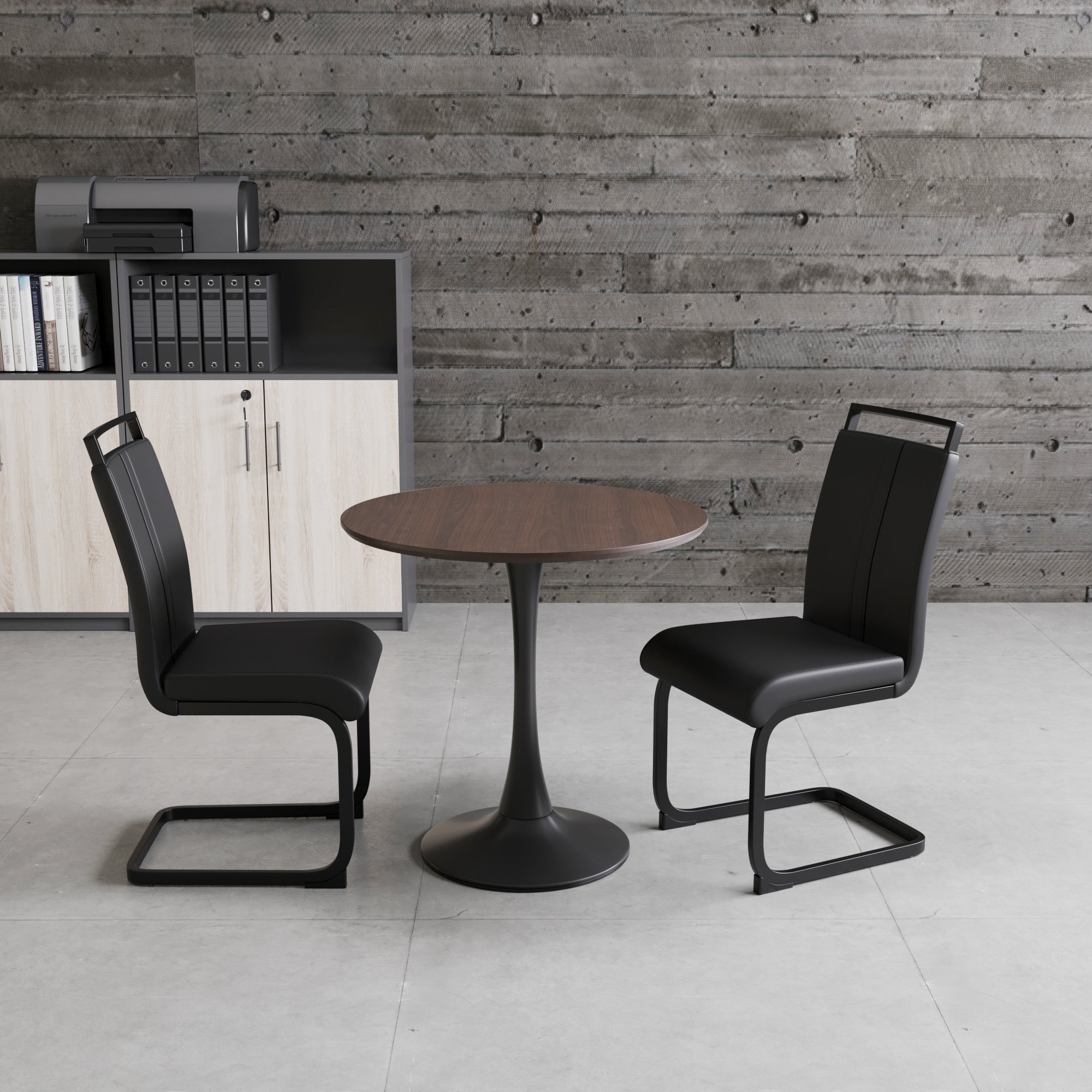 31.5" Walnut Tulip Dining Table Set for 2-4, Round MDF Kitchen Table with 2 Black PU Metal Leg Chairs - Modern Compact Dining Room Furniture, Easy Assembly