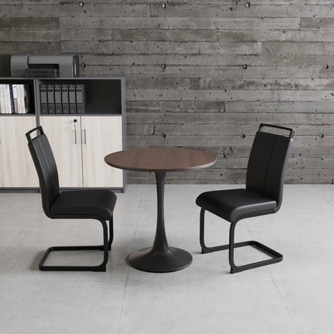 31.5" Walnut Tulip Dining Table Set for 2-4, Round MDF Kitchen Table with 2 Black PU Metal Leg Chairs - Modern Compact Dining Room Furniture, Easy Assembly
