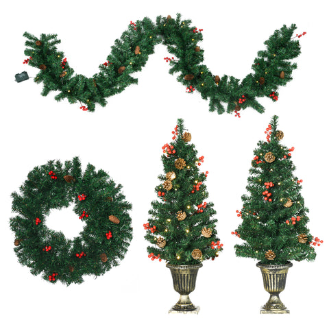 HOMCOM 4-Piece Prelit Christmas Decor Set: 3ft Green Trees, Garland &amp; Wreath with Warm White LEDs, Red Berries, Pine Cones for Indoor/Outdoor Entryway