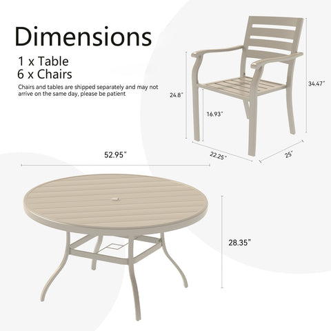 7-Piece Outdoor Patio Dining Set: 53" Round Metal Table & 6 Stackable Sandstone Chairs for Garden, Lawn, Backyard Deck - Durable, Weather-Resistant, Casual Style
