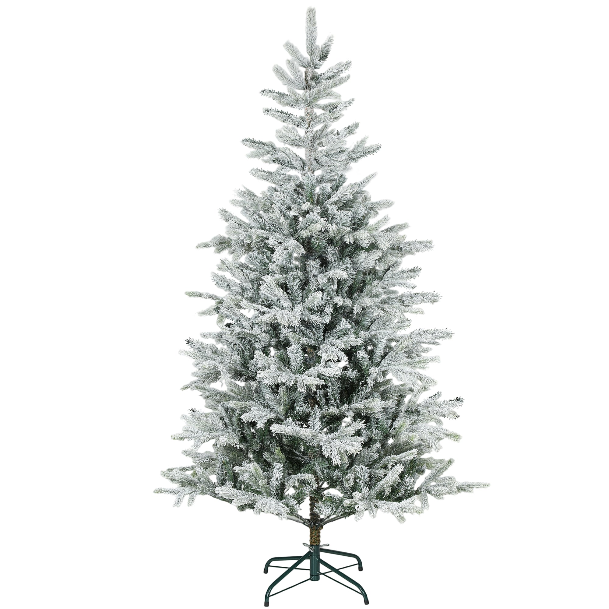 6ft Frosted Spruce Christmas Tree: Realistic Snow-Flocked Artificial Xmas Tree with Hinged Branches, Fire-Retardant, Stable Metal Stand, Green/White, 43.3" Wide for Festive Home Decor