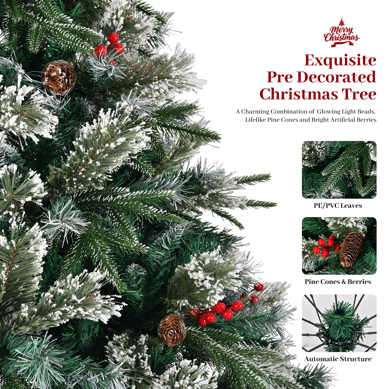 8ft Snow Frosted Artificial Christmas Tree: 1550 PE/PVC Tips, Pre-Decorated w/ Pinecones &amp; Berries, Hinged Branches, Metal Stand, Easy Assembly for Home &amp; Office Holiday Decor