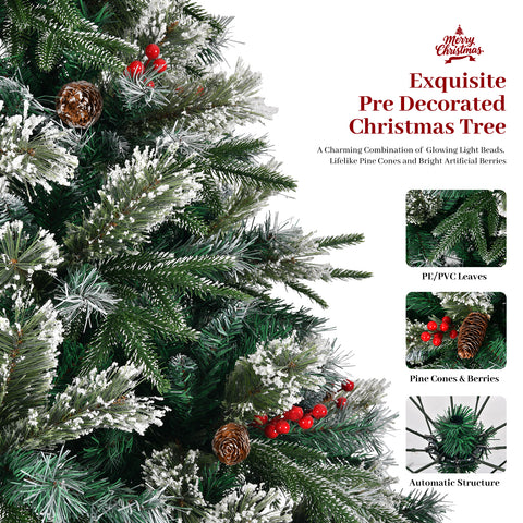 8ft Snow Frosted Artificial Christmas Tree: 1550 PE/PVC Tips, Pre-Decorated w/ Pinecones &amp; Berries, Hinged Branches, Metal Stand, Easy Assembly for Home &amp; Office Holiday Decor